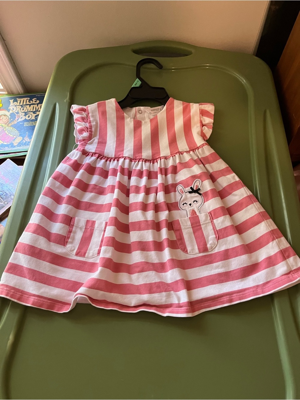 Mayoral Pink & White Striped Bunny Pocket Dress